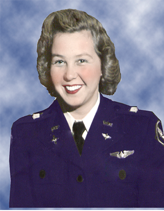 WASP Graduate Deanie Bishop Parrish, wearing her Santiago Blue Uniform and her Silver WASP Wings.